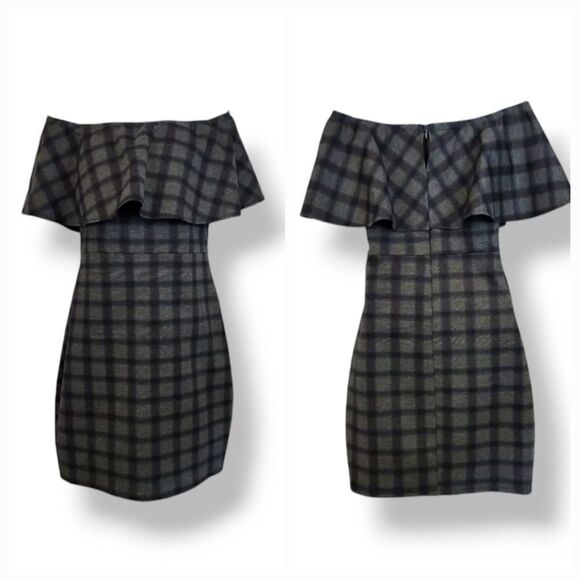 NEW Lulu's Small Town Girl Grey Plaid Off-the-Shoulder Bodycon Dress Size Large - Picture 1 of 10
